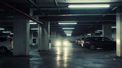 cars parked in an underground parking garage with headlights on