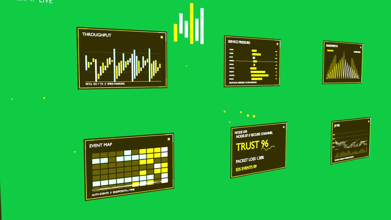 Camera pan starting metric HUD focusing, zooming into TRUST 96 showing status on transparent bg