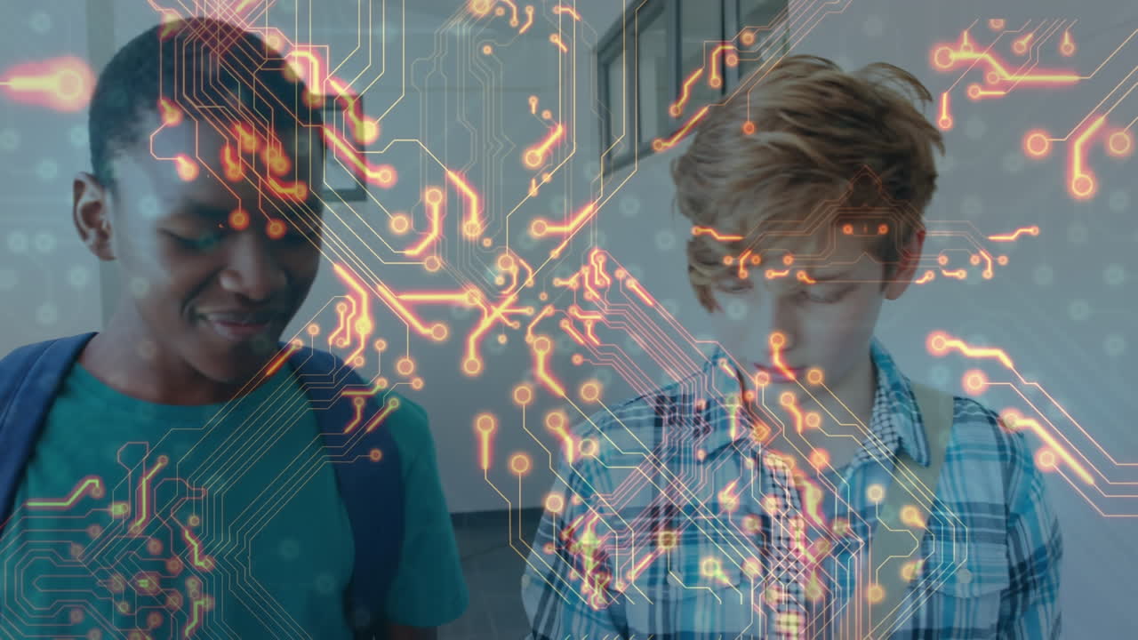 Animation of integrated circuit over happy diverse boys talking at school