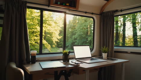 man working on a laptop in a van