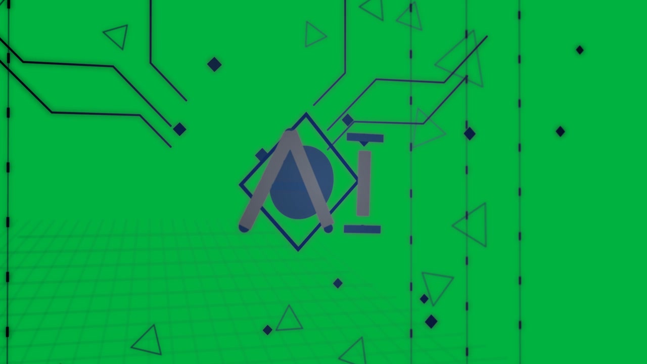 Emblem appearing on grid drifting rotating emitting bits pulsing arms stabilizing transparent bg