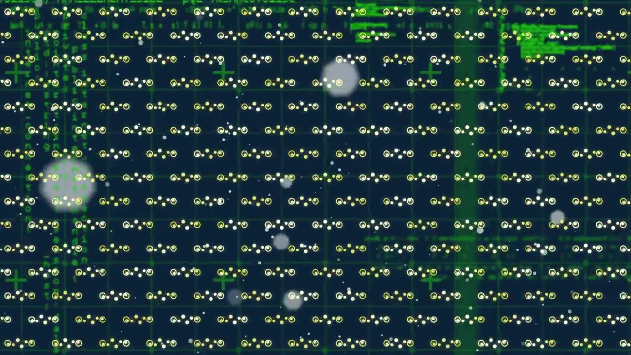 Animation of computer code over black background with molecules texture