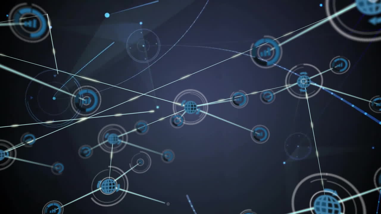 animación de la red de conexiones y procesamiento de datos sobre un fondo oscuro