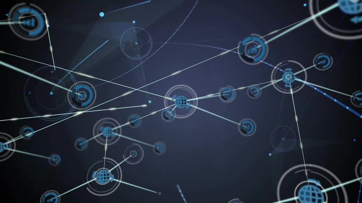 Network of connections and data processing animation over dark background