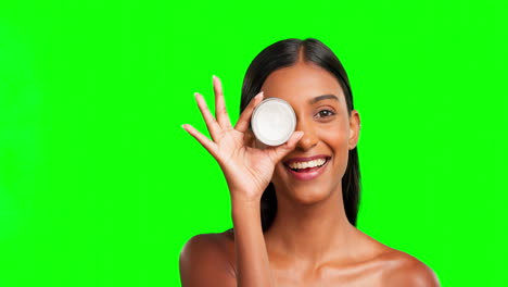 Woman,-face-and-cream-jar-on-green-screen
