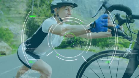 escaneo de alcance y procesamiento de datos contra atleta femenina que realiza ejercicio de estiramiento sosteniendo