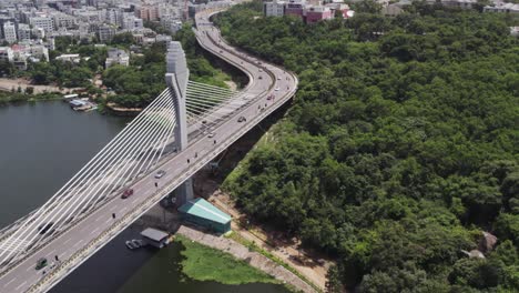 drone footage of the durgam cheruvu cable bridge financial district of new hyderabad city