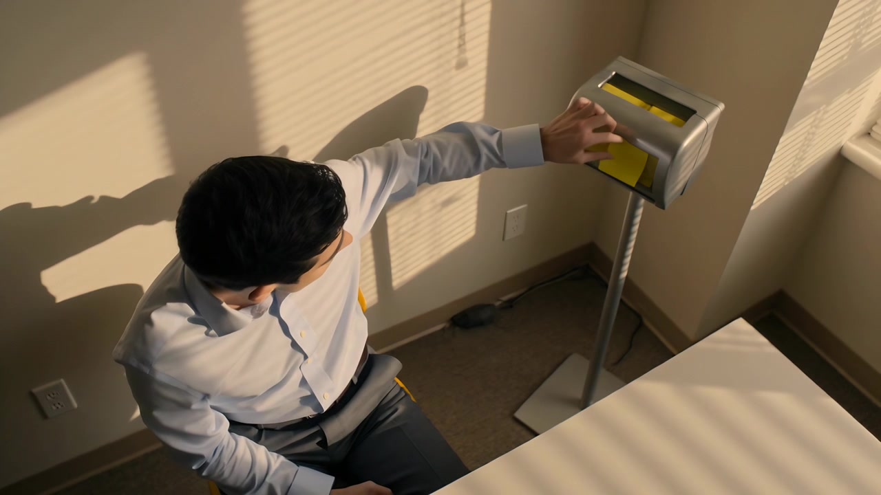 Glancing at dispenser, man in shirt pulling and pressing yellow-note onto monitor at desk to remind