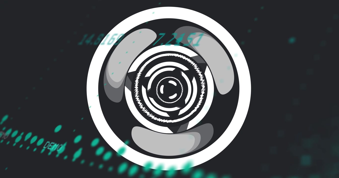 Teal stream entering upper-left, sweeping rings, circular graphic rotating, showing data flow