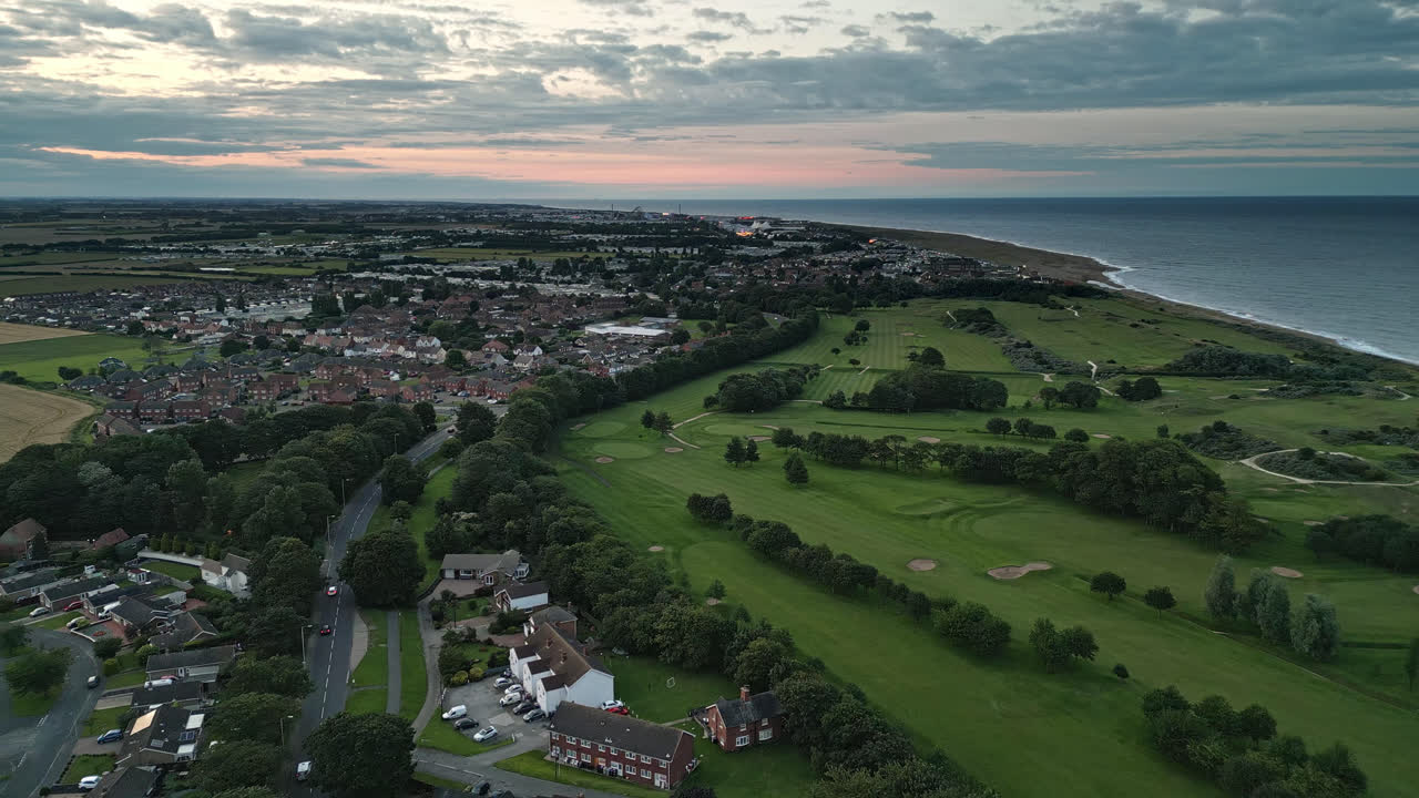 Sunset drone video: Aerial shots of Skegness coastal town in summer