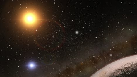 una superficie planetaria con un fondo de vía láctea y estrellas brillantes