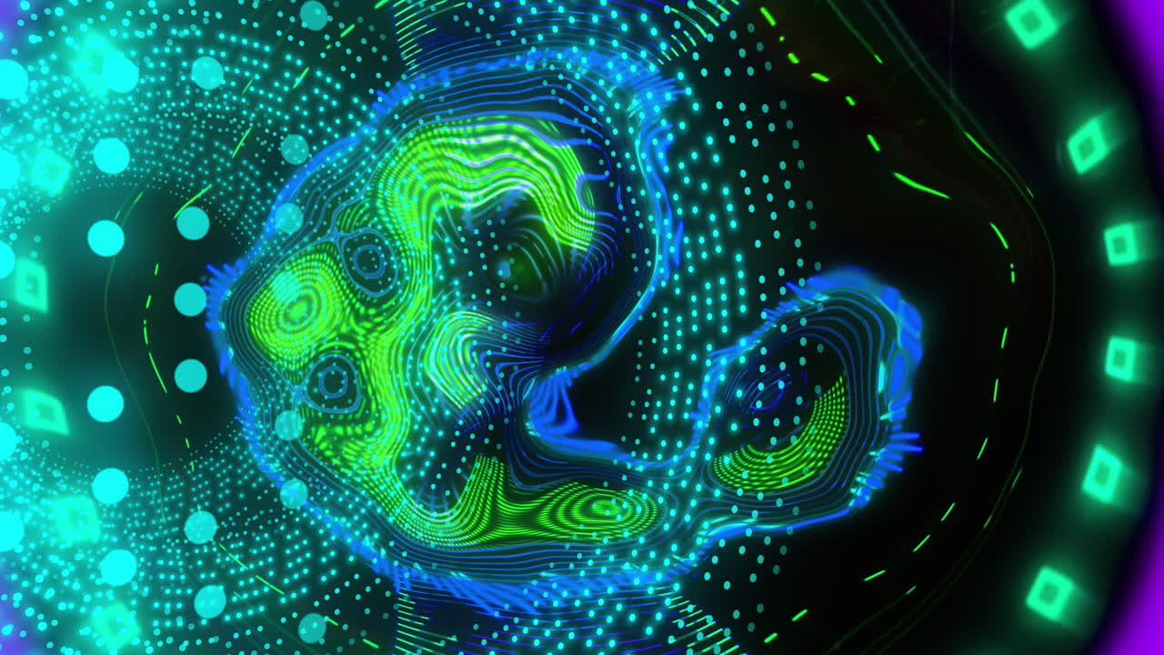 Flashing blue tunnel of light spots over distorted data lights on black background