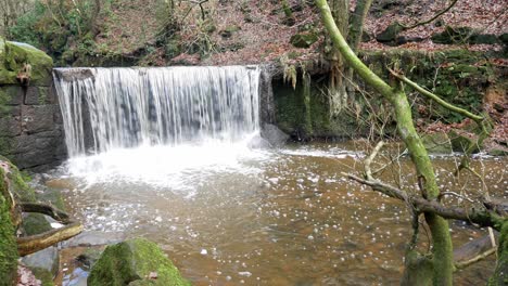 Small-autumn-woodland-copper-waterfall-pouring-into-forest-wilderness-creek-below-slow-left-dolly