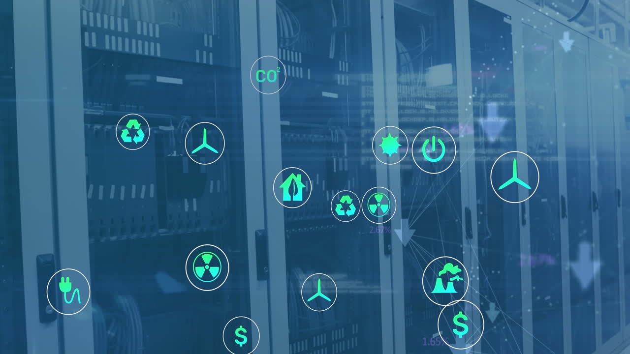 Animation of eco icons and data processing over computer servers