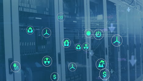 animación de iconos ecológicos y procesamiento de datos a través de servidores informáticos.