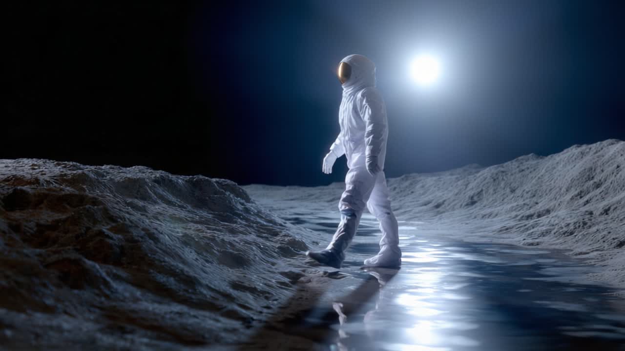 Ein Astronaut erkundet die Mondlandschaft, beleuchtet von einem sanften Schein, während er eine spiegelnde Wasseroberfläche in einer ruhigen und kargen Umgebung durchquert