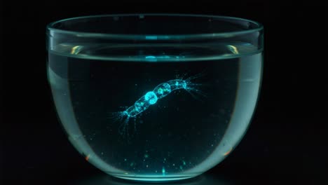 a close-up view of bioluminescent microorganisms swimming in water, showcasing their unique structure and glow in a transparent bowl