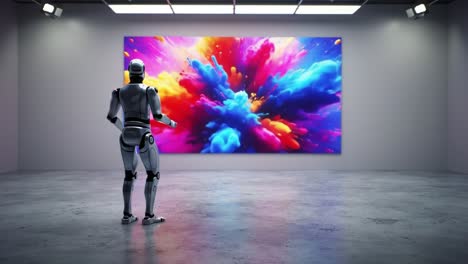 a humanoid robot stands in a sleek gallery, gazing at a vibrant explosion of color on the wall. the atmosphere blends art and technology in an innovative space.