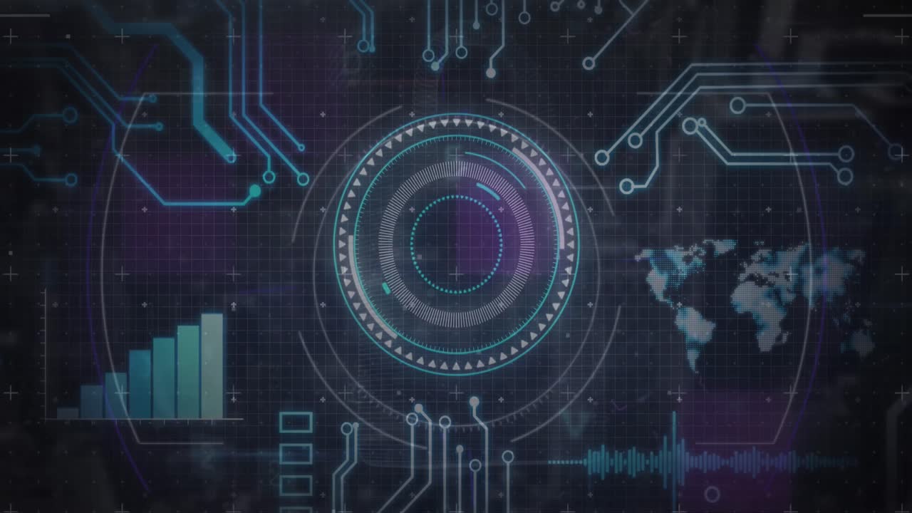Animation of scope scanning and data processing over computer circuit board on black background