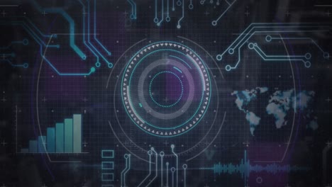 Animation-of-scope-scanning-and-data-processing-over-computer-circuit-board-on-black-background