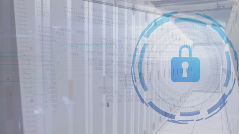 animation of padlock and digital data processing over computer servers