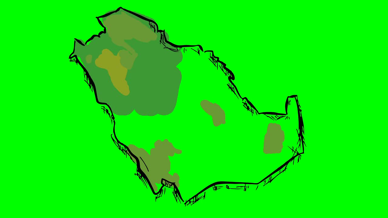 사우디아라비아는 녹색 화면에 컬러 지도를 그리고 고립된 화이트보드입니다.