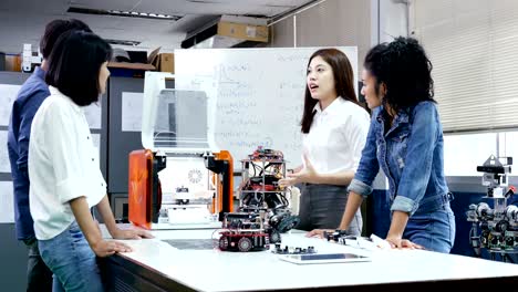 female engineer present project with team. team engineer start up for robot project together. people with technology or innovation concept. 4k resolution.