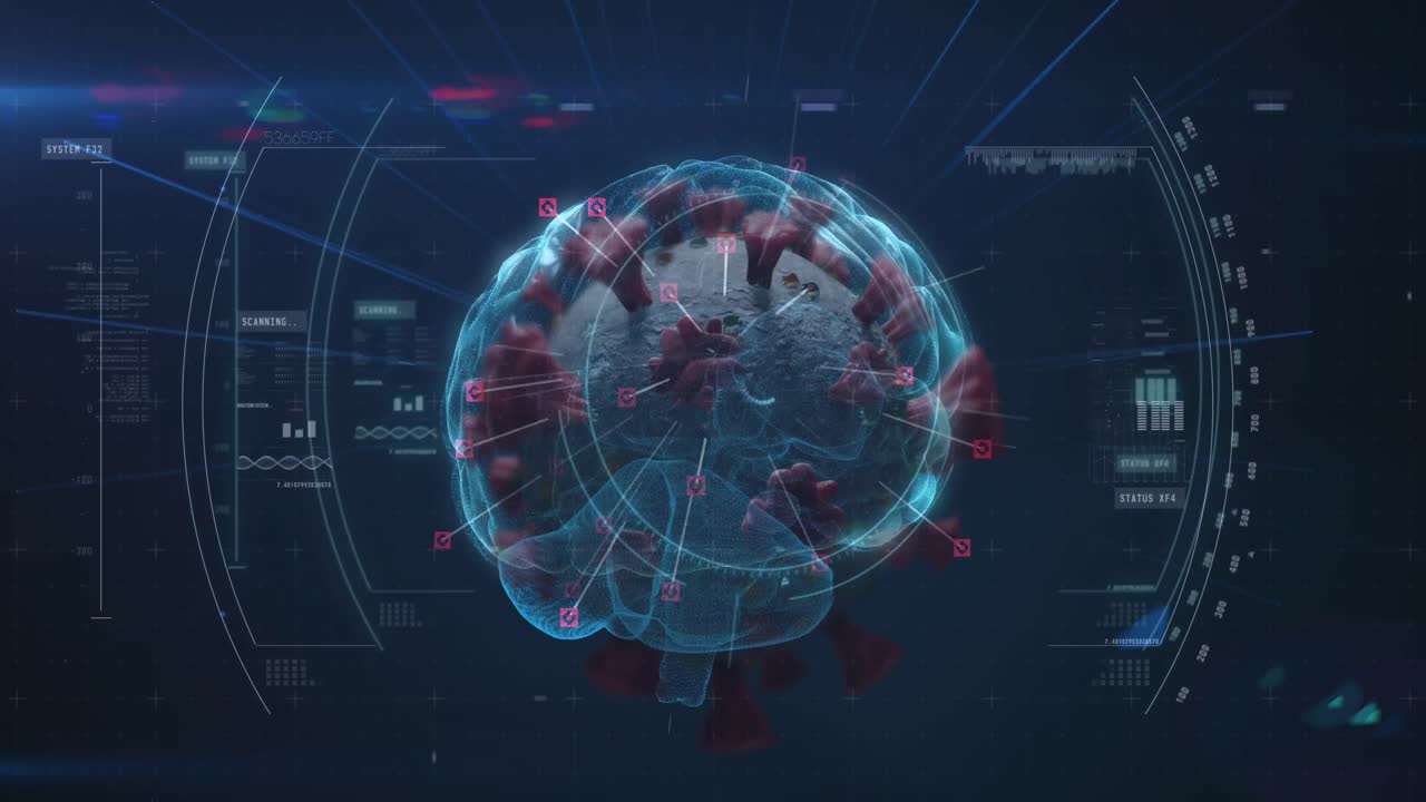 animación de las células de covid-19 con el cerebro humano a través del escaneo de alcance