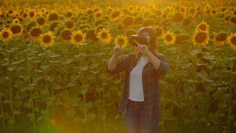 la granjera moderna en un campo con girasoles utiliza la tecnología vr. simulando la interfaz de usuario de la aplicación. controlar el sistema de riego con drones. inspeccionar el campo usando drones.