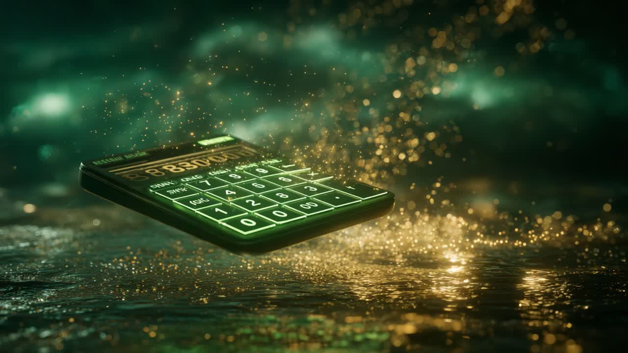 Futuristic green glowing calculator levitating above a dark, wet surface with shimmering golden particles rising in a magical display of finance, wealth, and modern technology in business