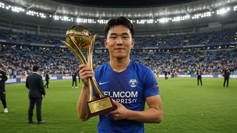 celebrating victory: an athlete proudly holds the championship trophy after a successful match, surrounded by an excited crowd in the stadium