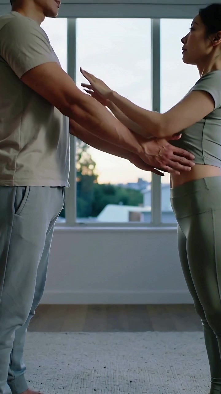 Vertical video: Placing hands man steadying woman leaning backward in home sportswear