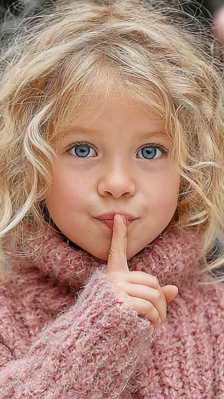 Um momento de tranquilidade capturado: uma criança com lindos olhos azuis posando com um suéter aconchegante, compartilhando um gesto secreto e divertido para uma foto encantadora