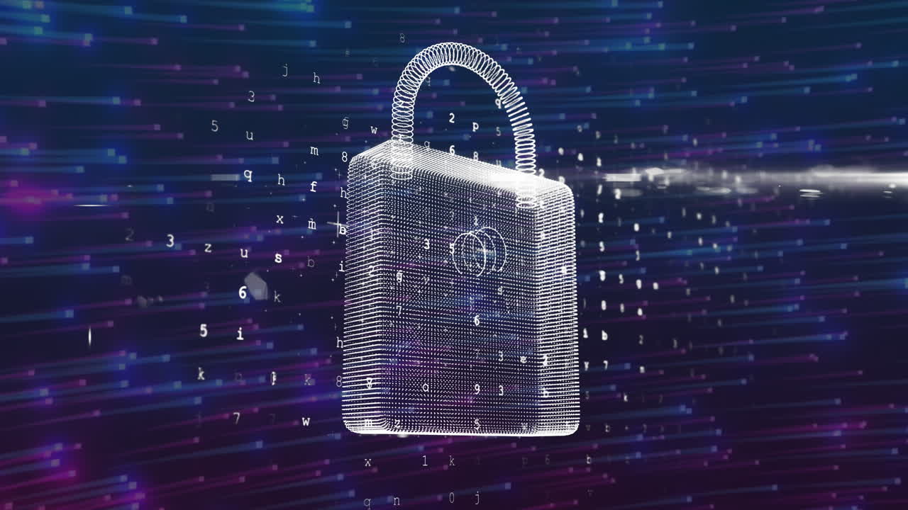 animación de un candado digital en un fondo marino con luces