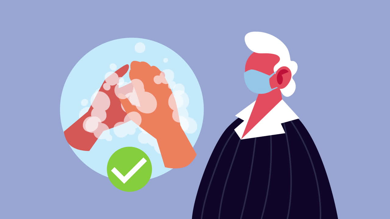 여성 환자는 covid-19에 대한 의료 마스크를 착용하고 손 는 권장 사항을 가지고 있습니다.