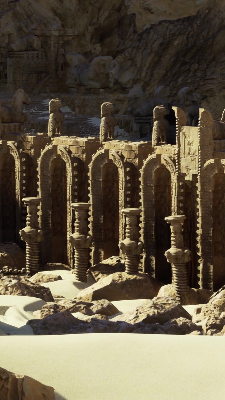 Antiche rovine si ergono in un paesaggio desertico sotto un sole splendente