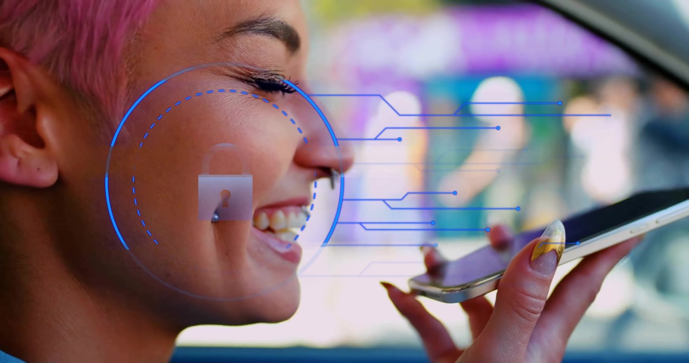 Woman using smartphone inside vehicle, overlaying biometric technology graphics securing privacy