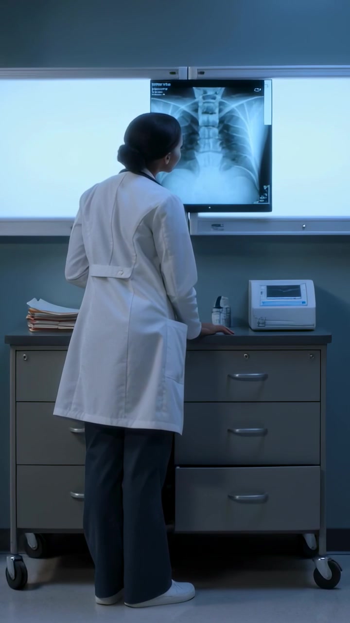 Vertical video: Lightbox showing chest X-ray, doctor in white coat studying at cart, nurse passing