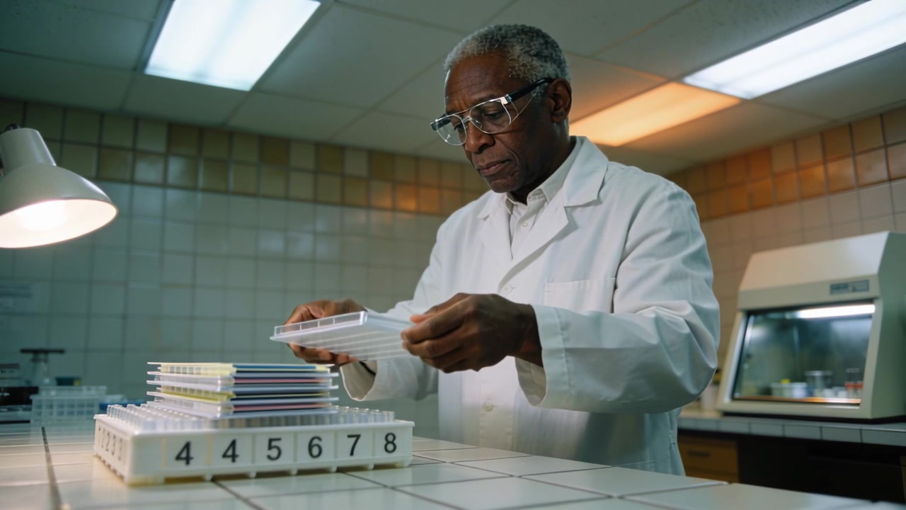 Bringing tech placing slide trays into numbered rack at bench for samples, wearing lab coat glasses