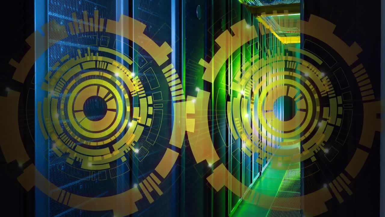 Animation of two round scanners spinning against computer server room