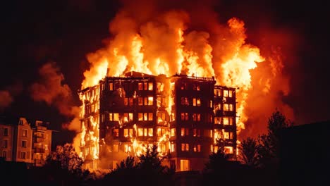 a large building is engulfed by flames at night