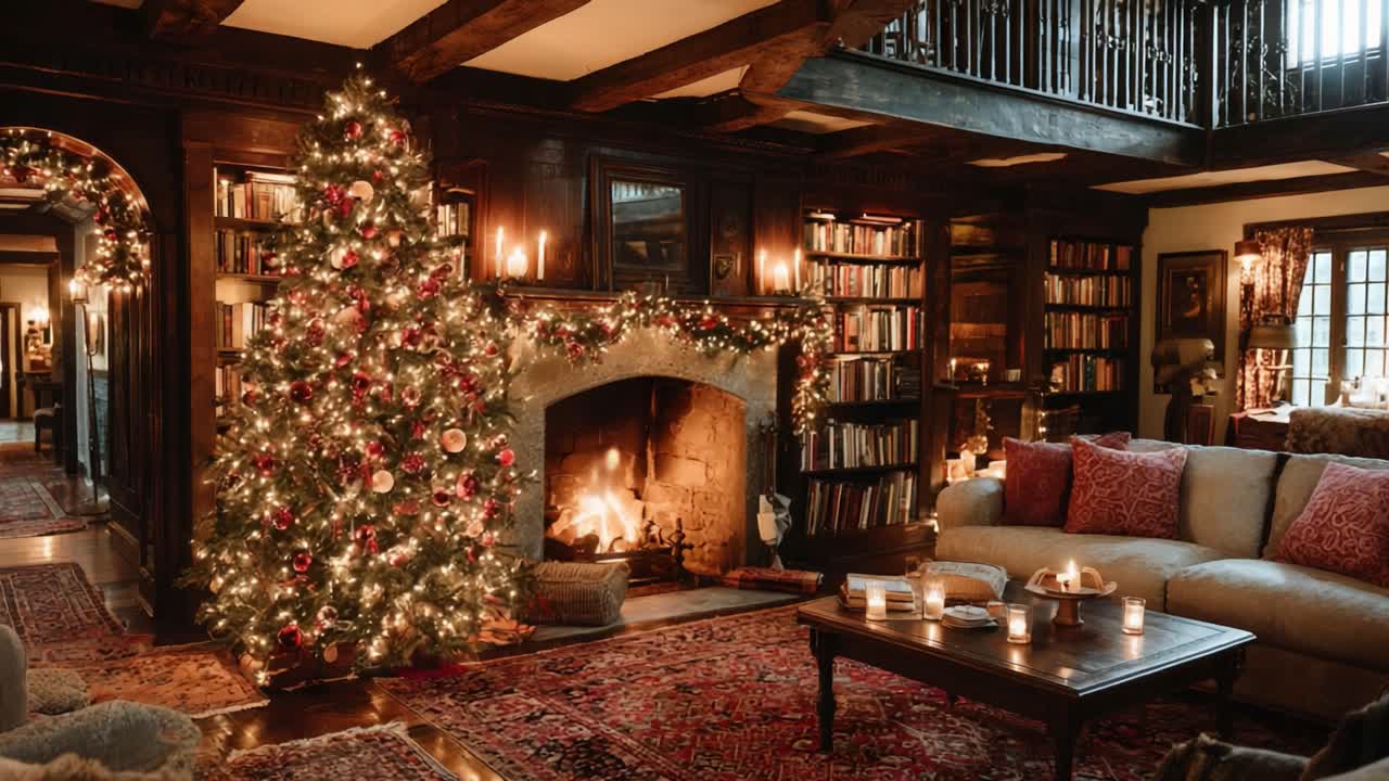 A Cozy Christmas Scene Featuring a Beautifully Decorated Tree, Warm Fireplace, and Charming Living Room Filled with Holiday Cheer and Comforting Ambiance