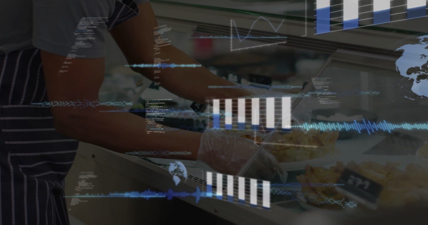 On customer order food service worker scooping food into box while HUD bar charts showing portions