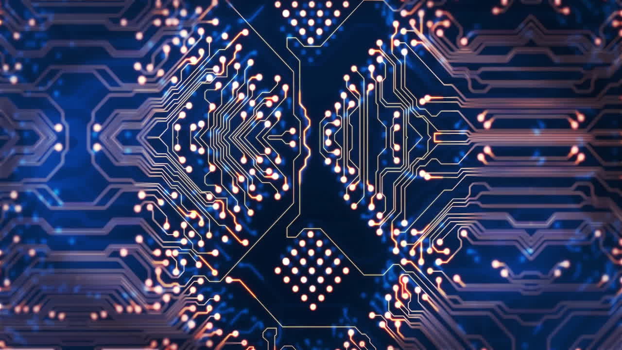 animación de placa de circuitos abstractos con líneas y puntos brillantes sobre fondo oscuro