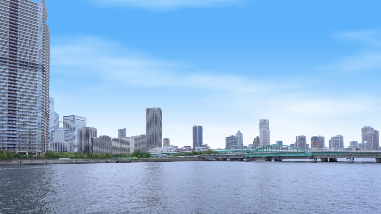 A wide, peaceful shot of the Tokyo skyline from a river with tall skyscrapers and a bridge under a clear sky
