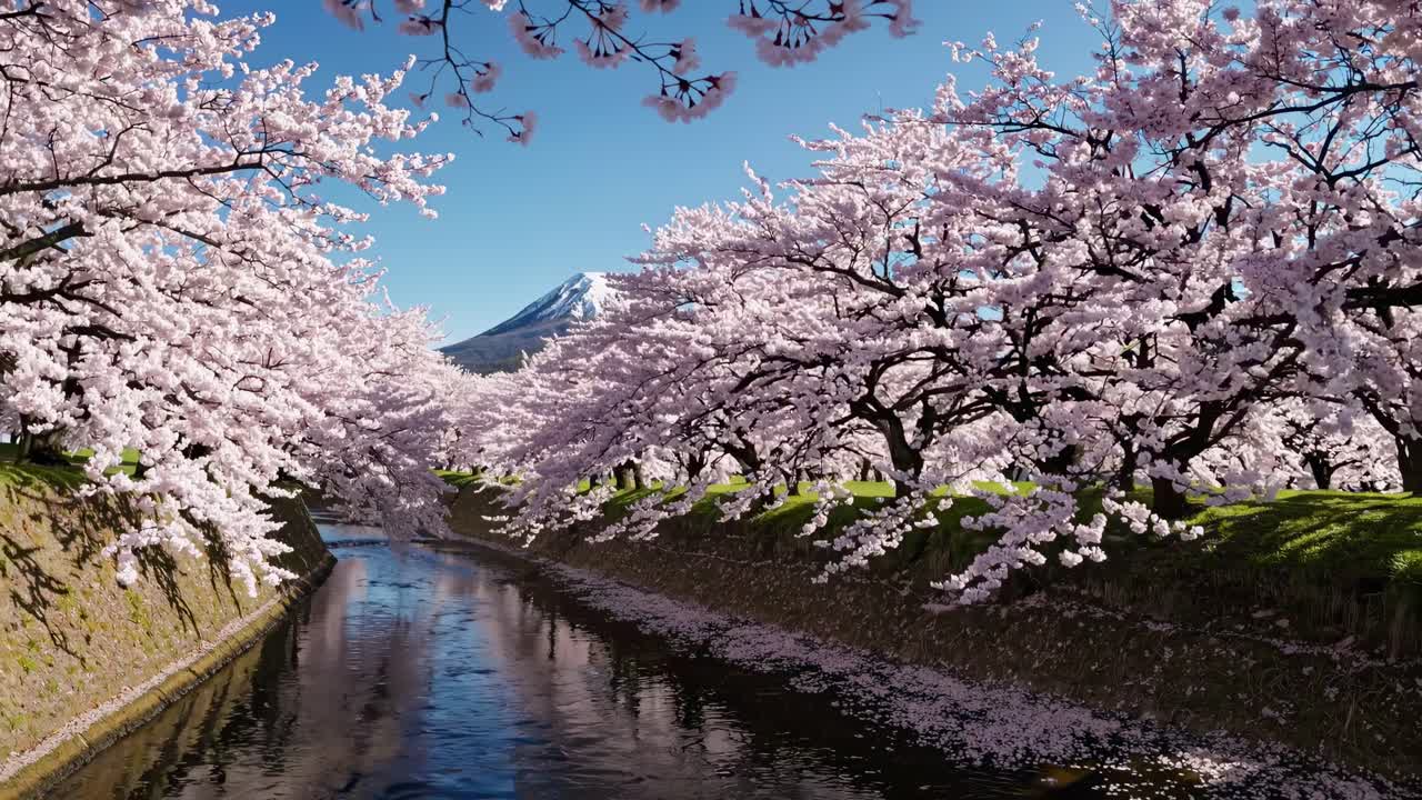 Monte Fuji e alberi di ciliegio lungo un tranquillo canale in primavera