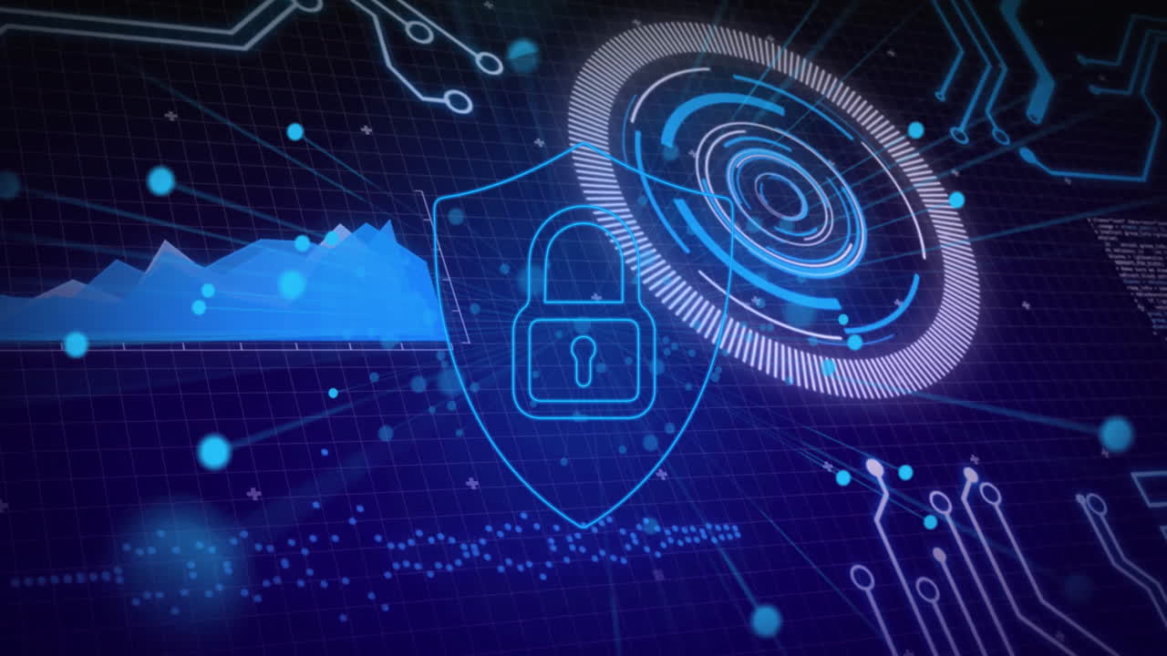 Animation of digital security lock with data visualization on futuristic interface