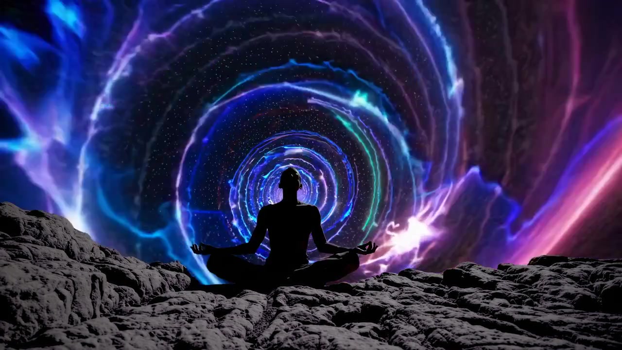 Silhouette di persona che medita in un vortice vibrante di energia cosmica
