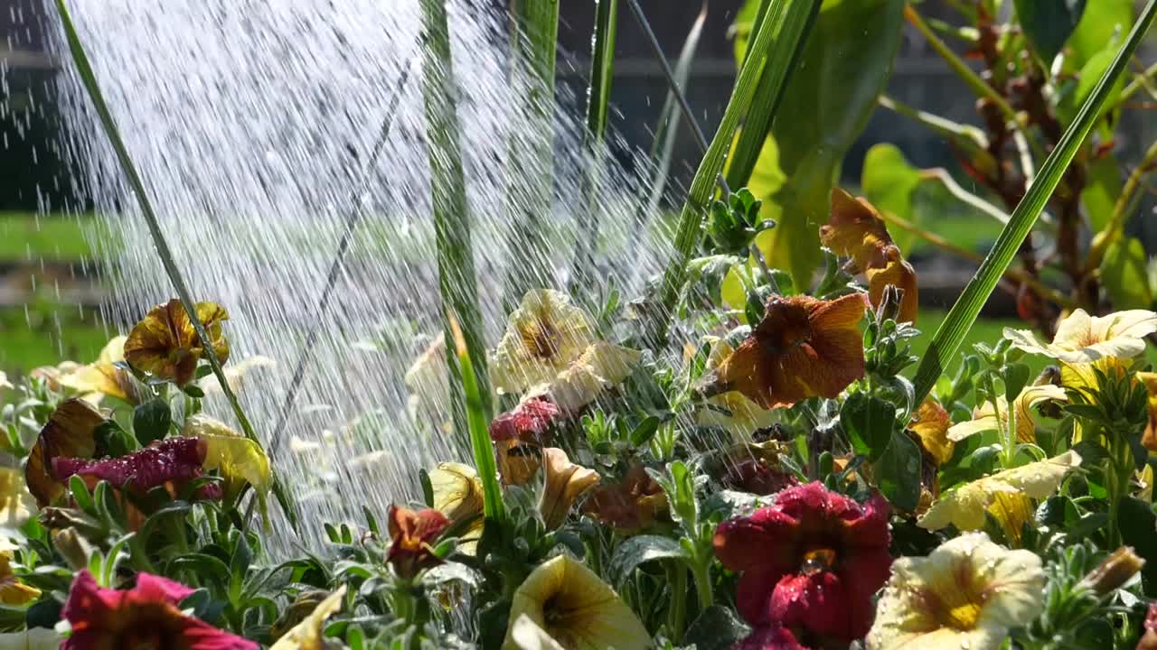 Watering Petunia Flowers Outdoors in Slow Motion - 180fps