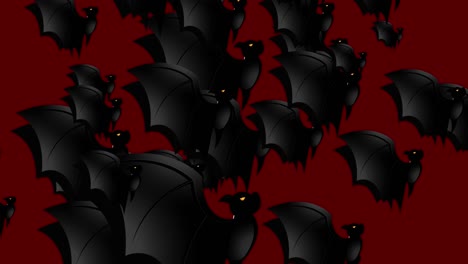 murciélago de halloween - concepto de halloween - murciélagos aleteando sus alas hacia arriba - loopable - cientos de murciélogos se apresuran hacia arriba - halloween - hallowayne murciélegos voladores bucle interminable - murciénago loopable - fondo rojo - color negro - y bandada de murciénagos